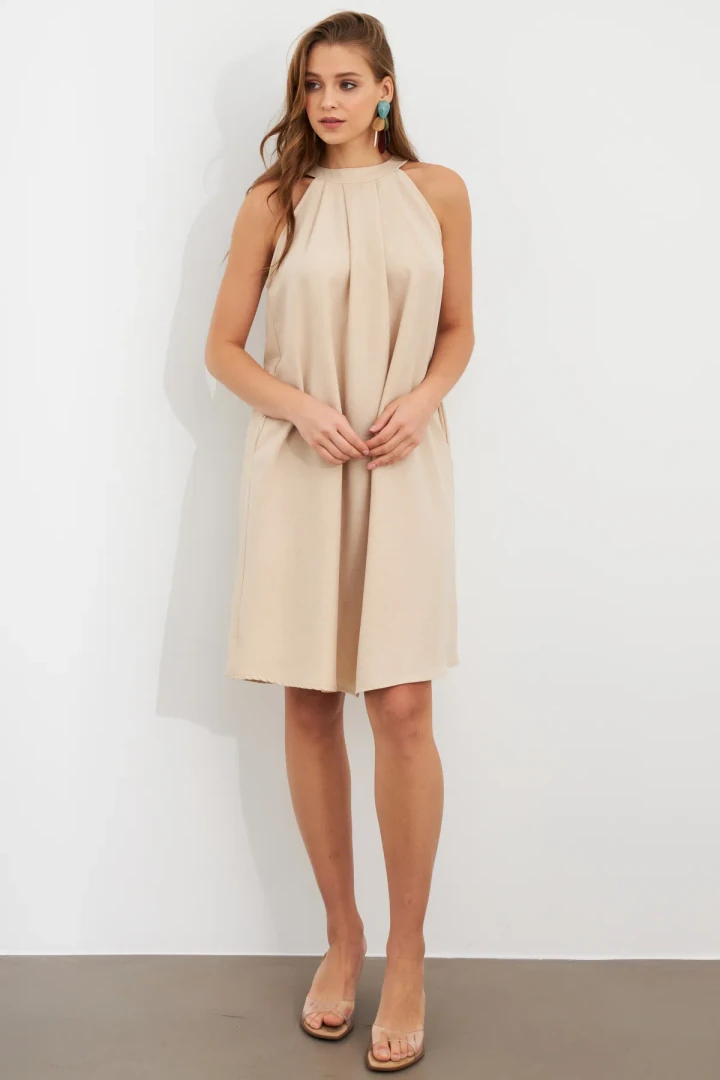 Bej Halter Yaka Sofia Keten Elbise GB-01-BEJ 