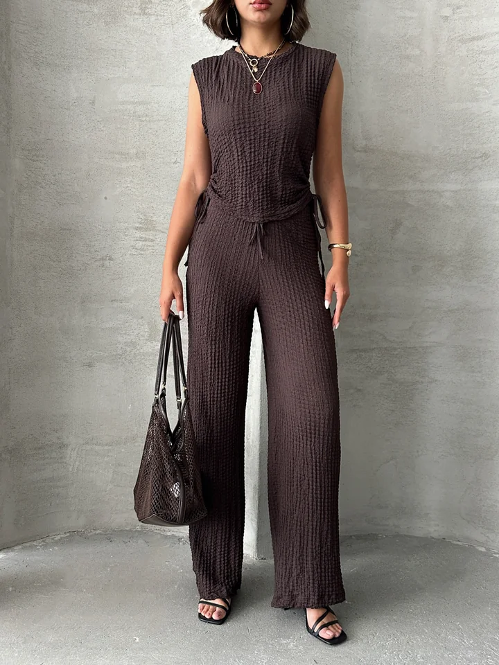 Kahve (Crop + Pantolon) Gofre İkili Takım GB-03-KAHVE